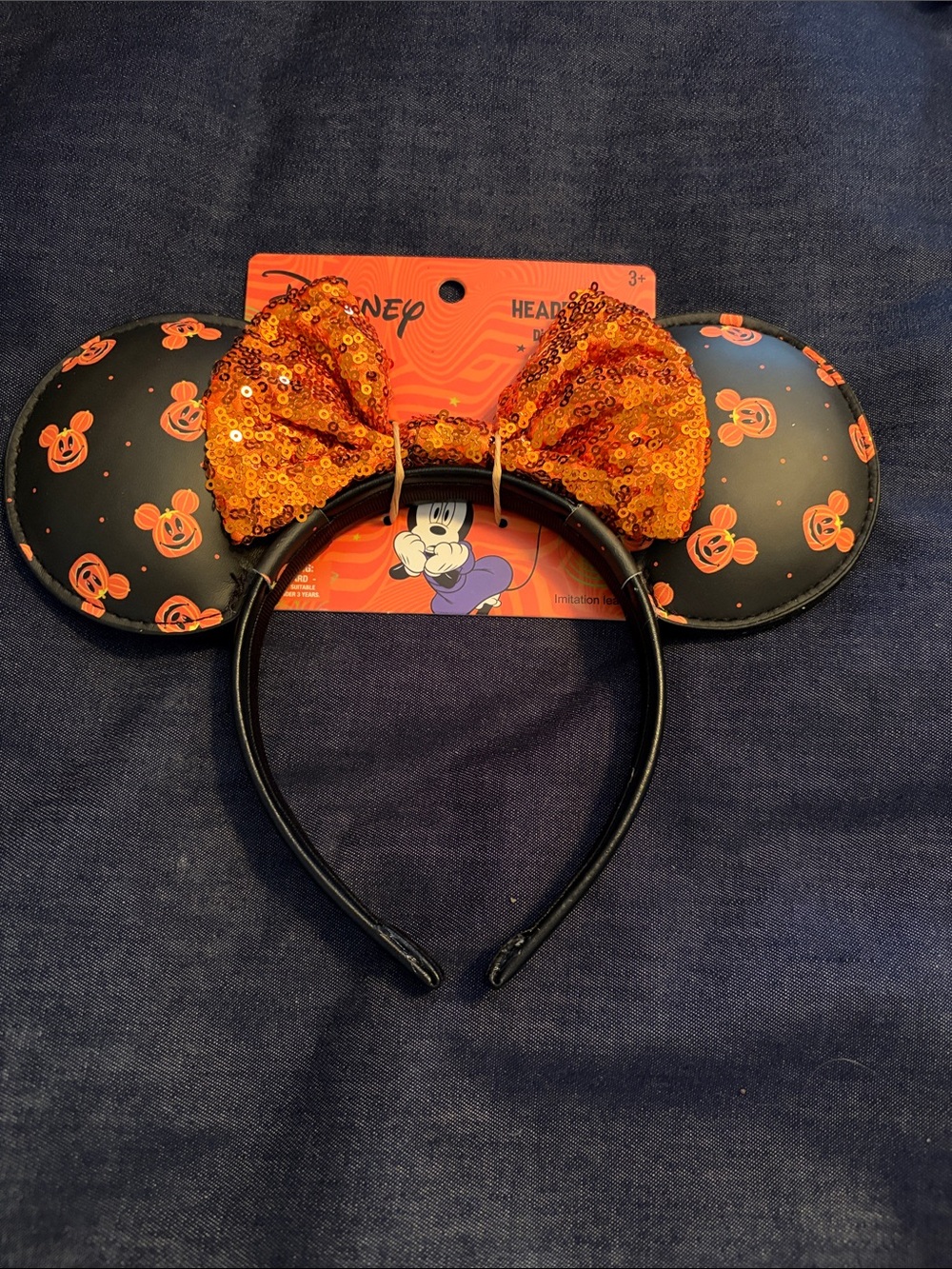 Disney Black Minnie Ears Headband with Orange Sequin Bow